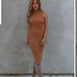 Vici pura turtleneck ribbed knot midi dress- camel